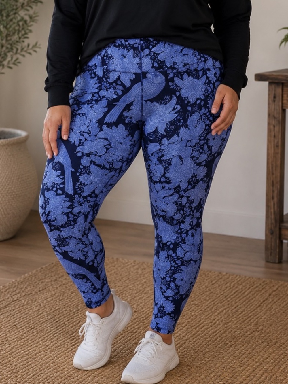Sweet Legs Leggings Womens Size One Size Plus Blue Black Floral Parrot Soft